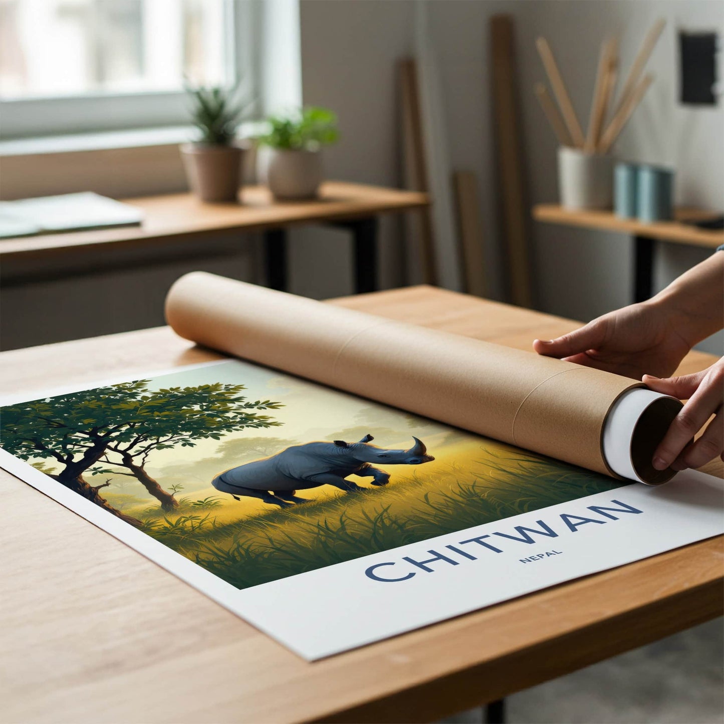 Chitwan Poster - Nepal Framed Art - Rhino Walking Grass Gallery Art