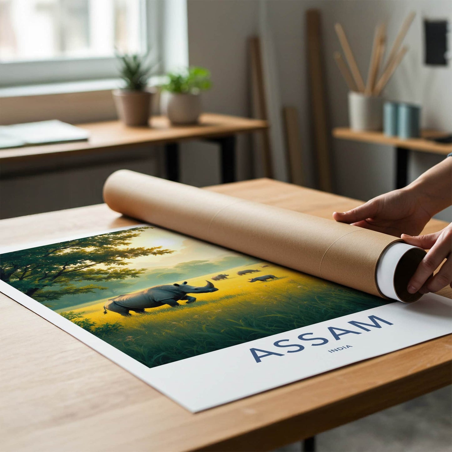Assam Poster - India Travel Art - Assam Rhinos Golden Sunset Home Decor
