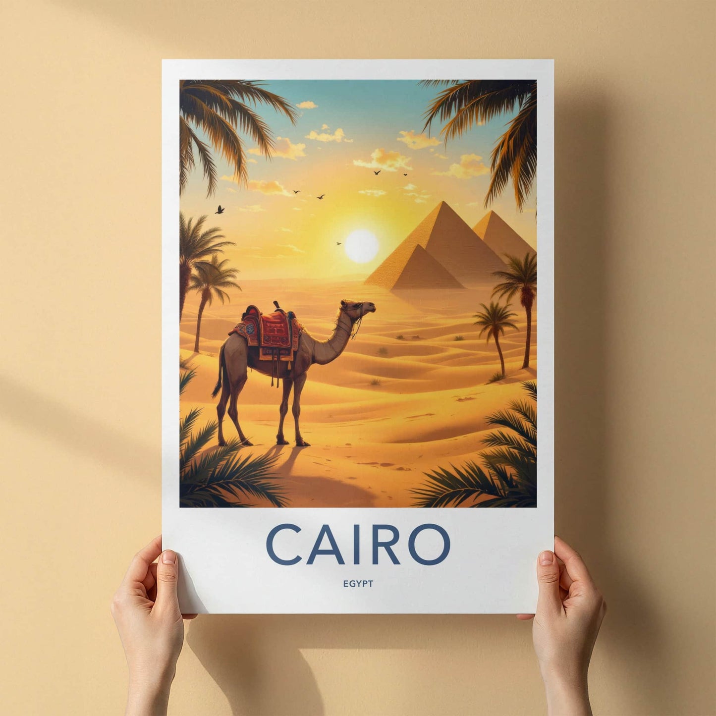 Cairo Poster - Egypt Travel Print - Desert Pyramids Camel Home Decor
