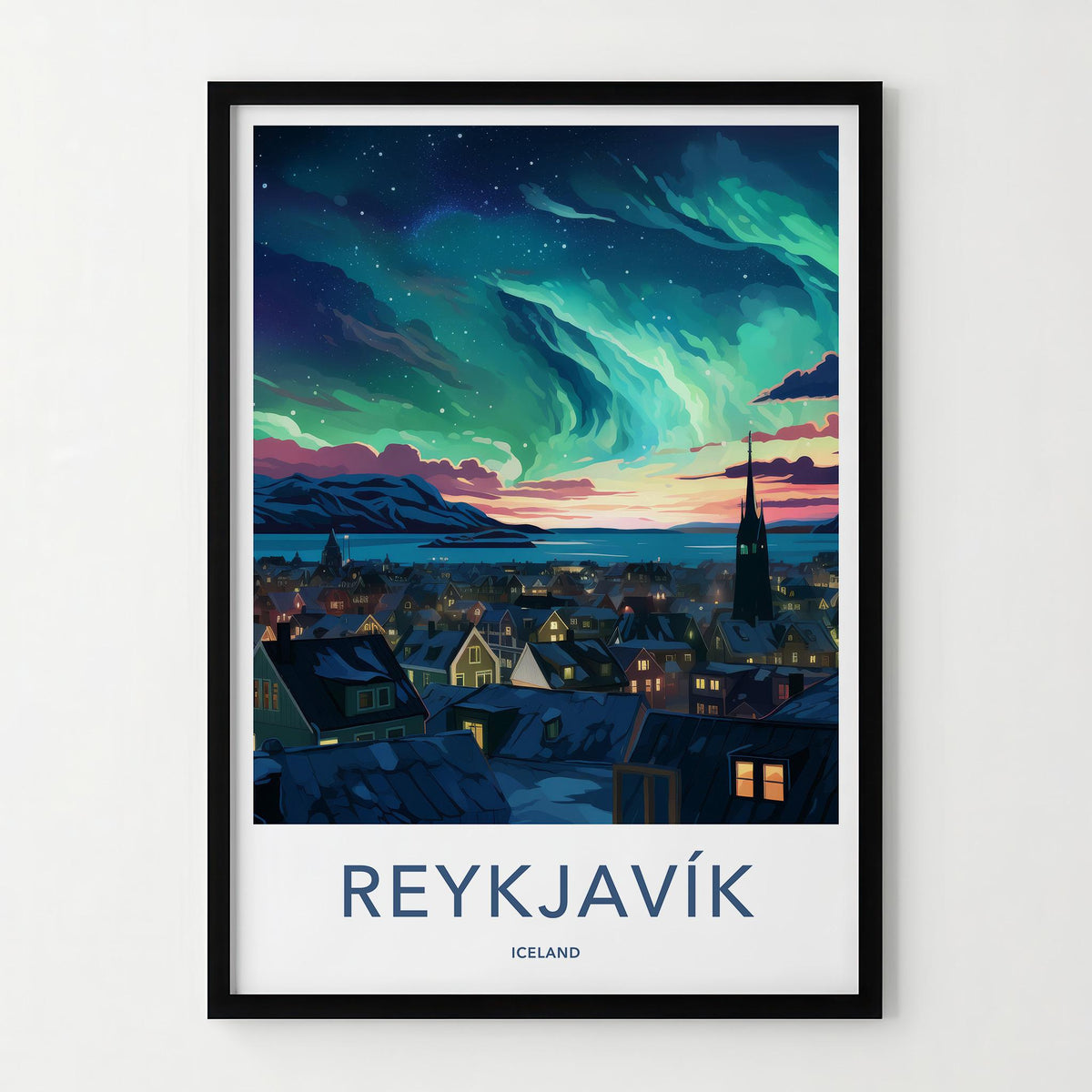 Reykjavik Poster - Iceland Wall Art With Aurora Borealis & Charming