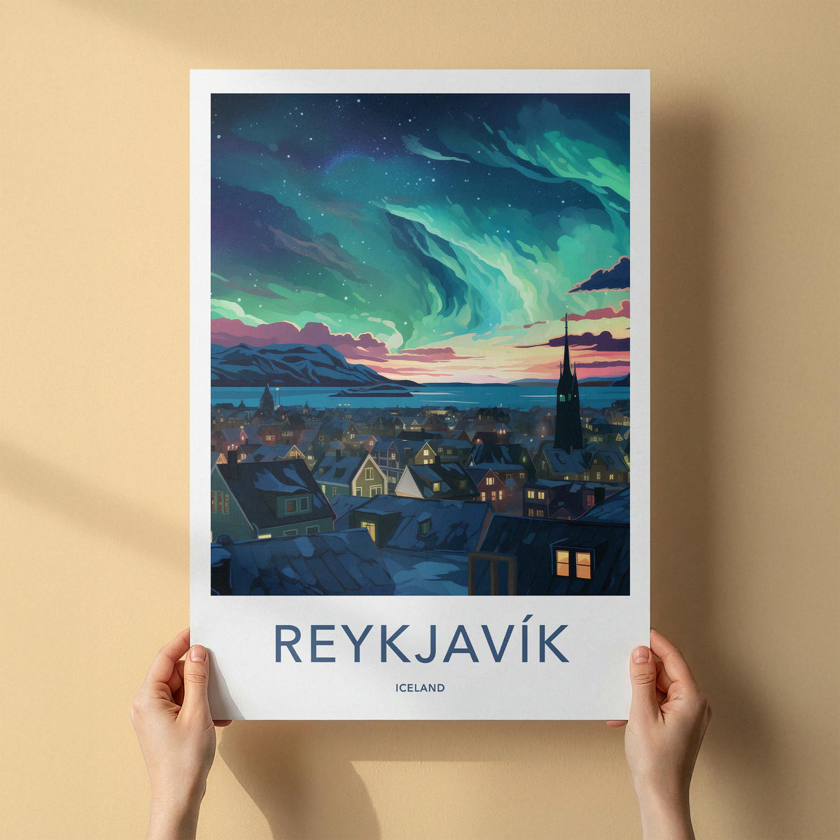 Reykjavik Poster - Iceland Wall Art With Aurora Borealis & Charming