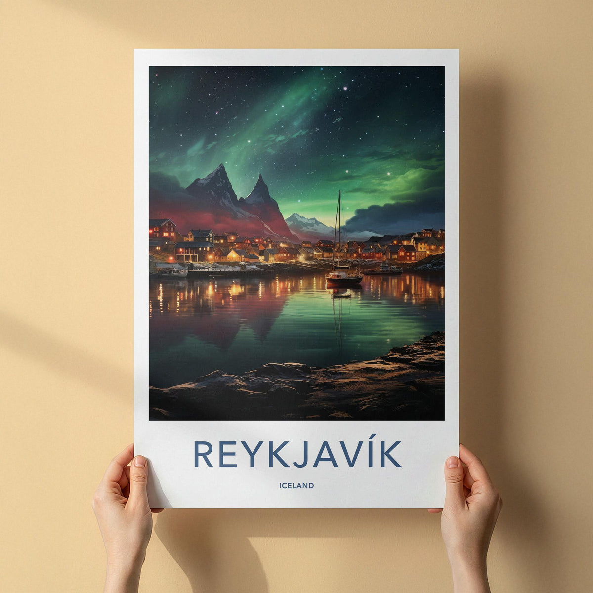 Reykjavik Poster - Iceland Wall Art Featuring Aurora Borealis Night