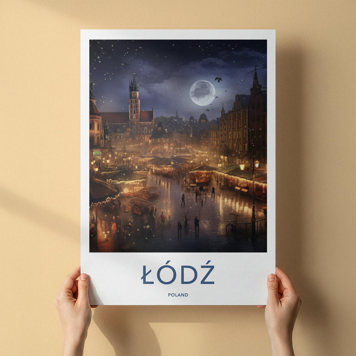 Łódź Poster - Moonlit Cityscape Print With Historic Market Square Art