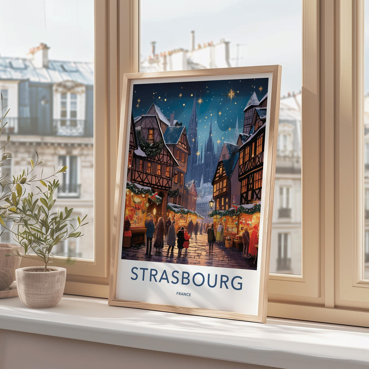 Strasbourg Wall Art - France Travel Poster with Scenic Winter Market