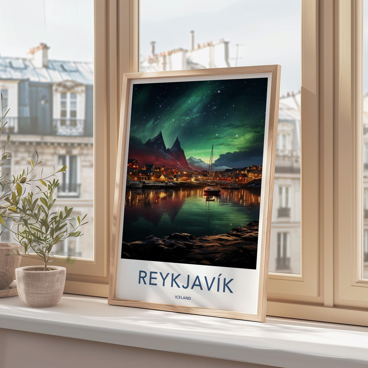 Reykjavik Poster - Iceland Wall Art Featuring Aurora Borealis Night