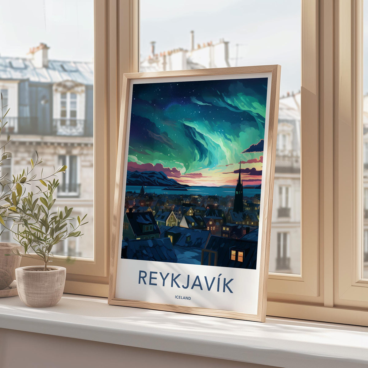 Reykjavik Poster - Iceland Wall Art With Aurora Borealis & Charming