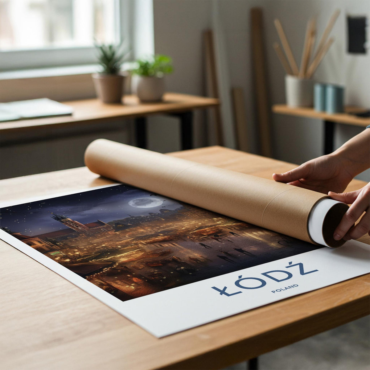 Łódź Poster - Moonlit Cityscape Print With Historic Market Square Art