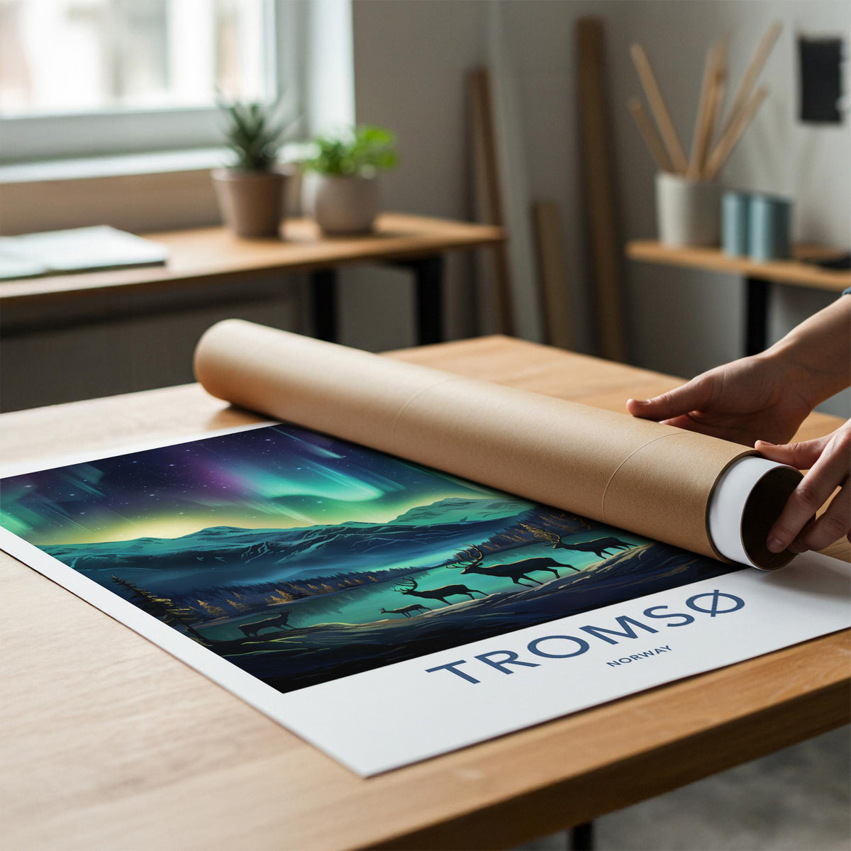 Tromsø Poster - Northern Lights Print with Reindeer & Mountain