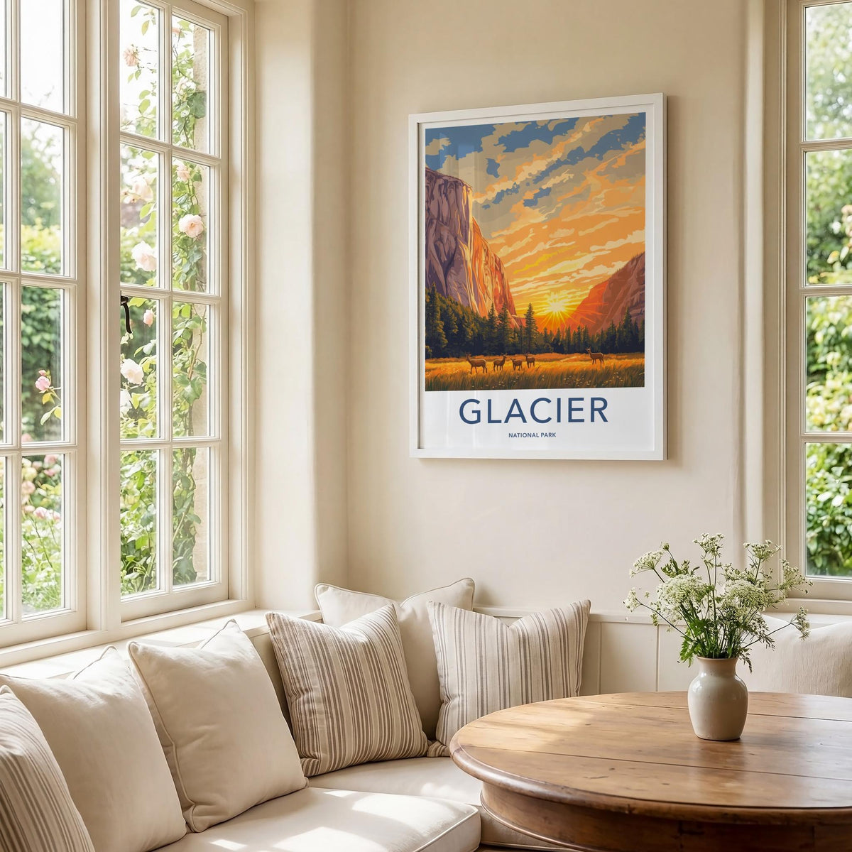 Glacier National Park Poster - Mountain Wall Art with Scenic Sunset