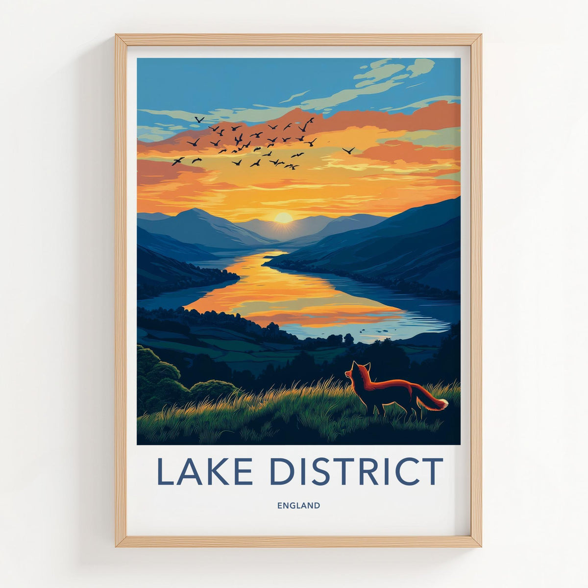 Lake District Poster - England Wall Art With Fox Silhouette & Scenic