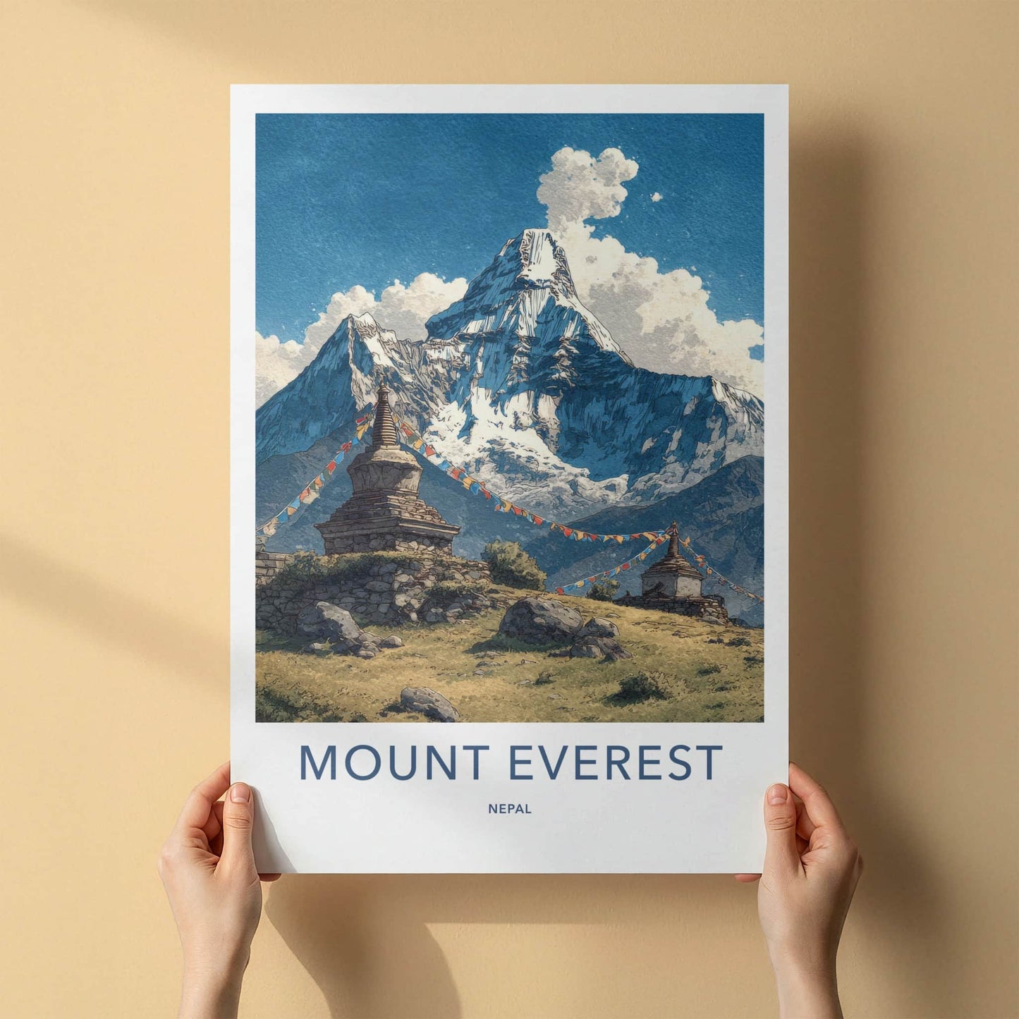 Mount Everest Poster Nepal Travel Print Ancient Stupas