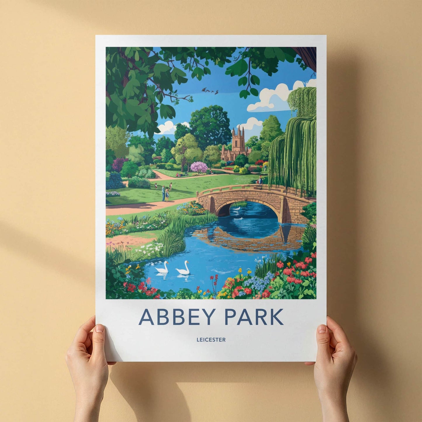 Abbey Park Poster - England Travel Art - River Bridge Swans Home Decor