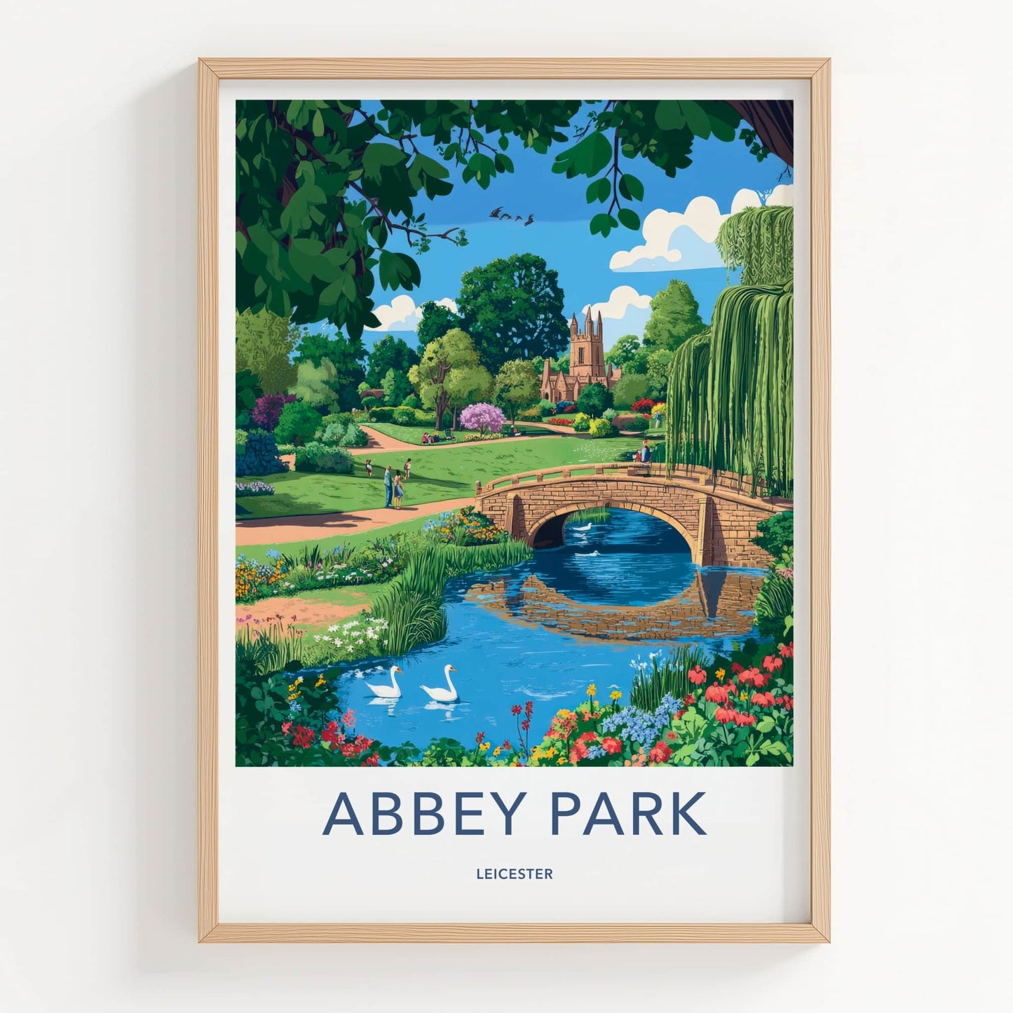 Abbey Park Poster - England Travel Art - River Bridge Swans Home Decor