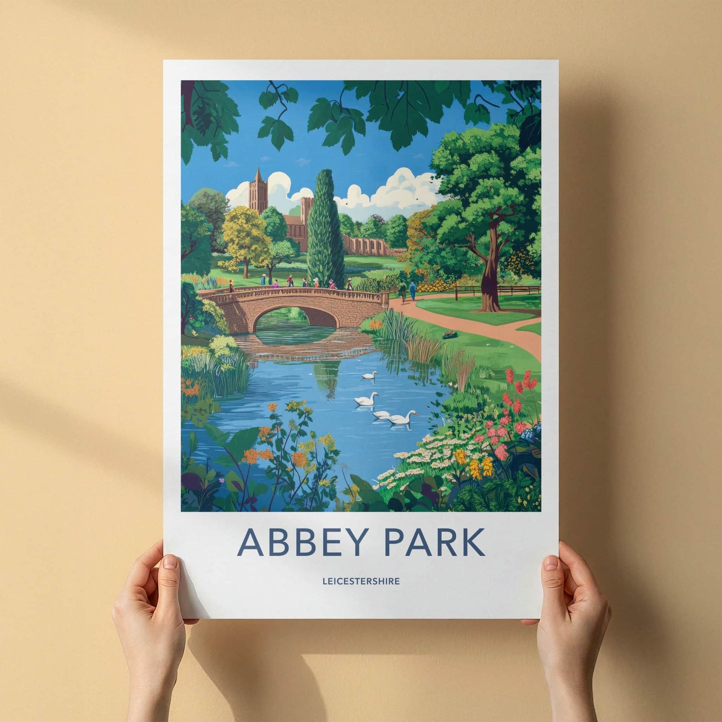 Abbey Park Poster - United Kingdom Art Print - Scenic Bridge Swans Wall Decor