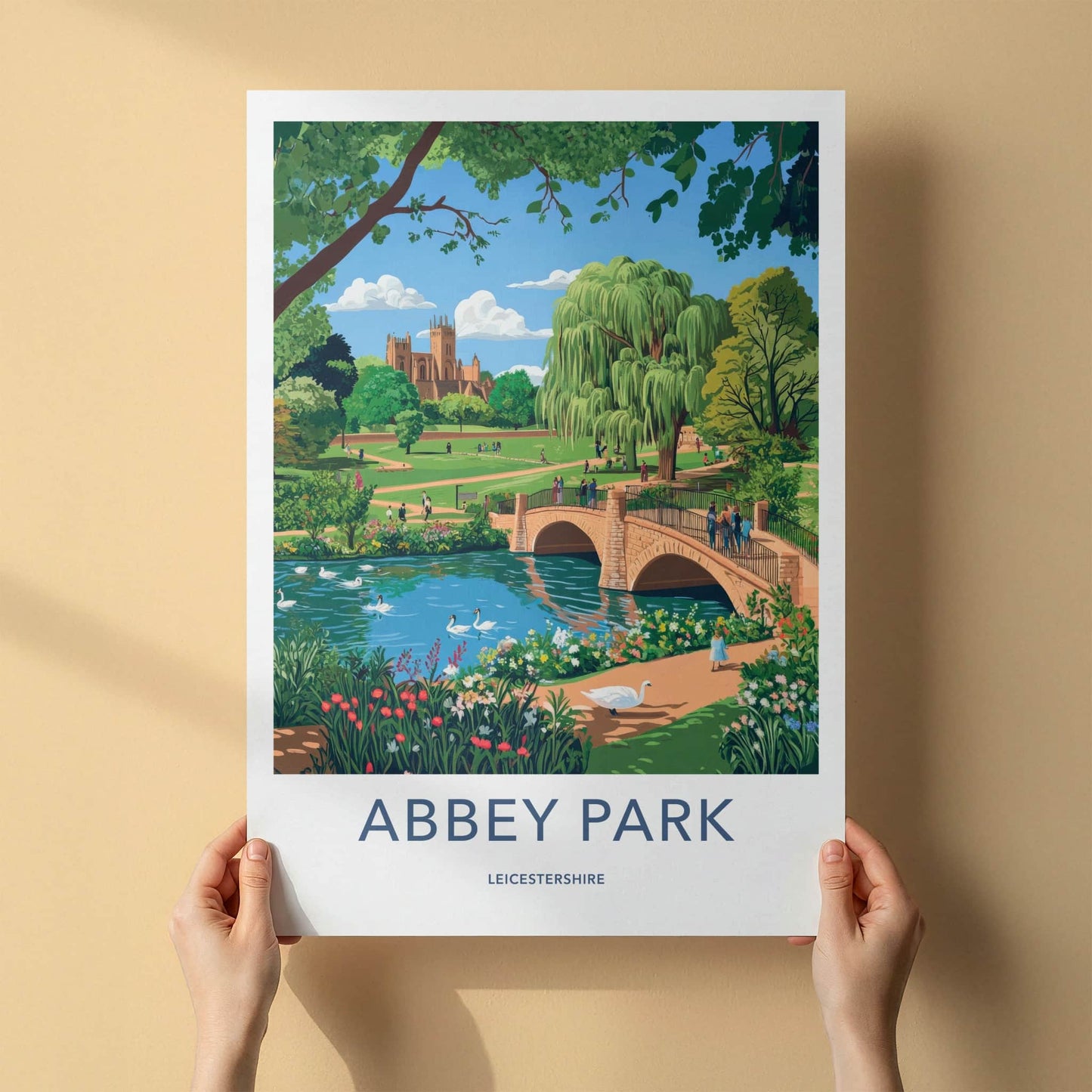 Abbey Park Poster - United Kingdom Travel Art - River Swans Cathedral Home Decor