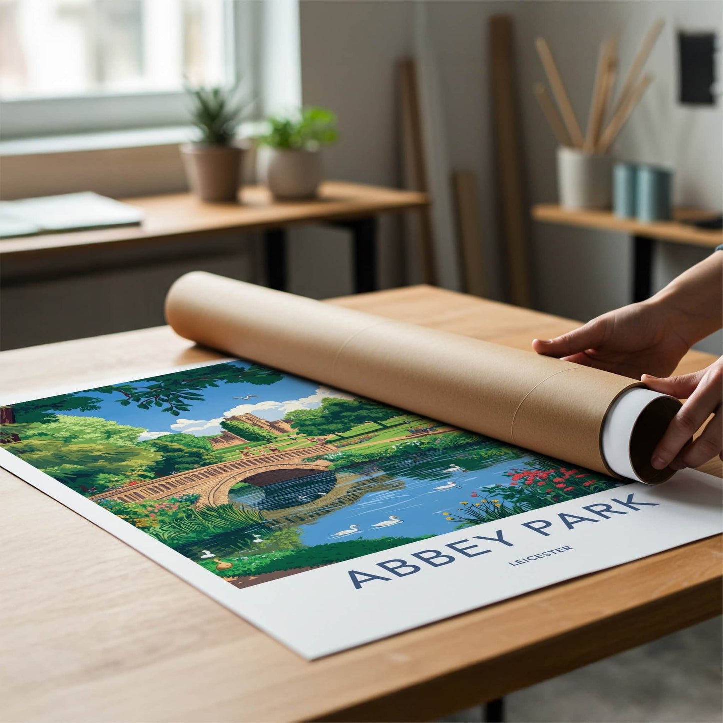 Abbey Park Poster - United Kingdom Travel Art - Stone Bridge Swans Home Decor