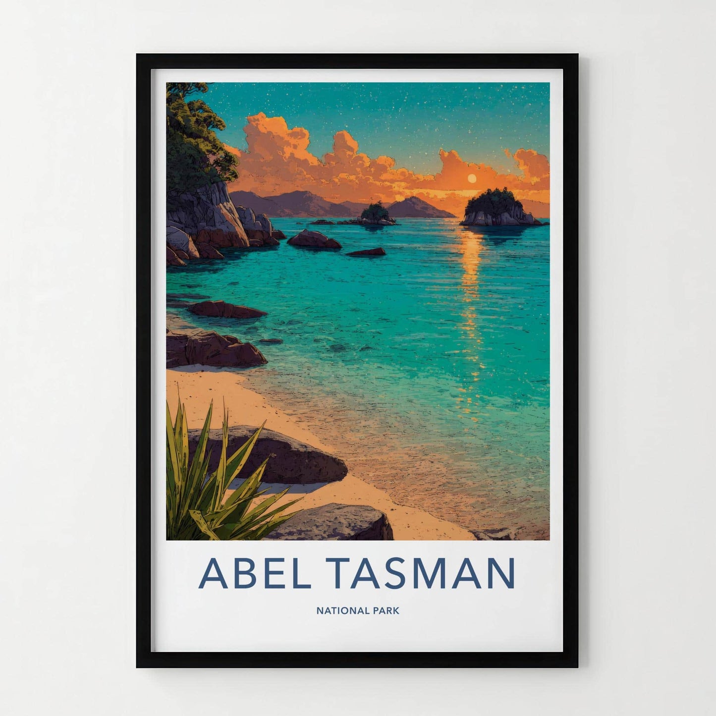 Abel Tasman Poster - New Zealand Travel Illustration - Sunset Bay Wall Decor
