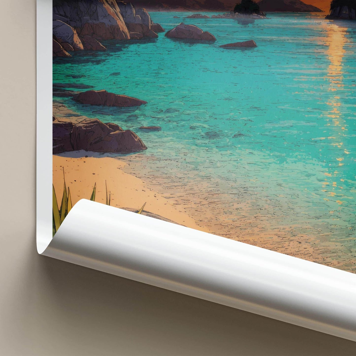 Abel Tasman Poster - New Zealand Travel Illustration - Sunset Bay Wall Decor