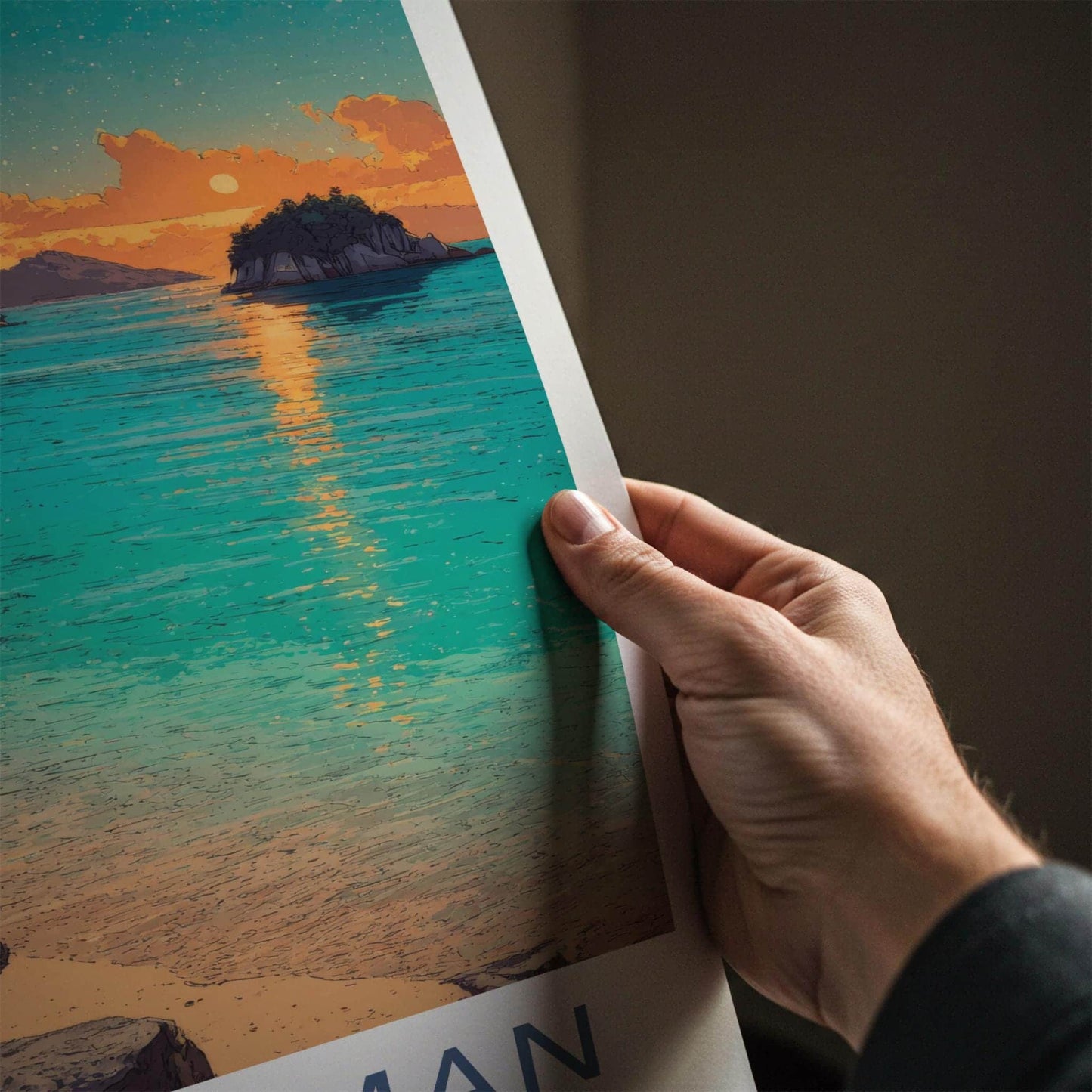 Abel Tasman Poster - New Zealand Travel Illustration - Sunset Bay Wall Decor