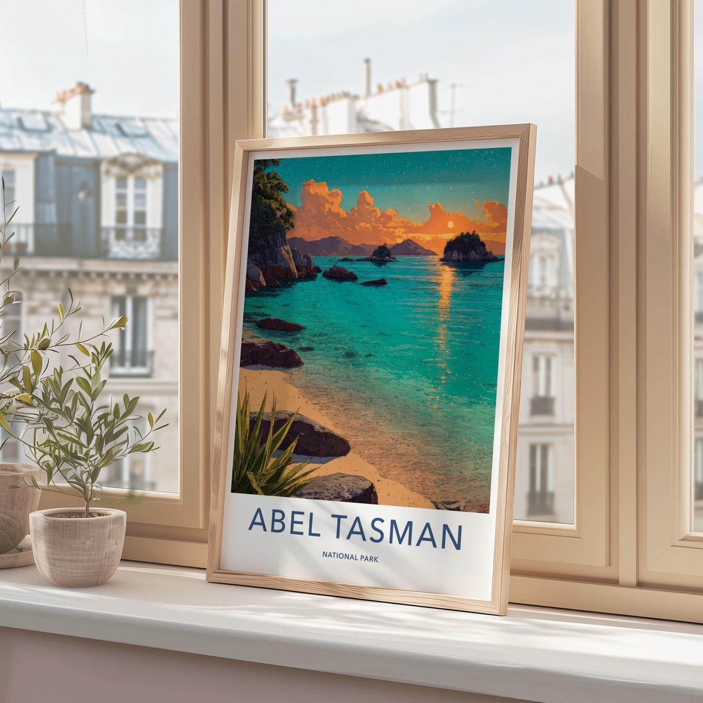 Abel Tasman Poster - New Zealand Travel Illustration - Sunset Bay Wall Decor