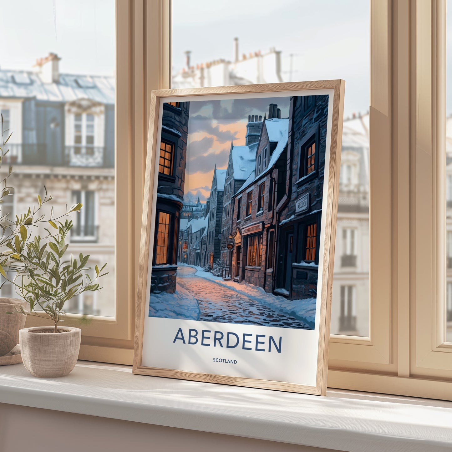 Aberdeen Poster - Scotland Travel Art - Snowy City Evening Home Decor