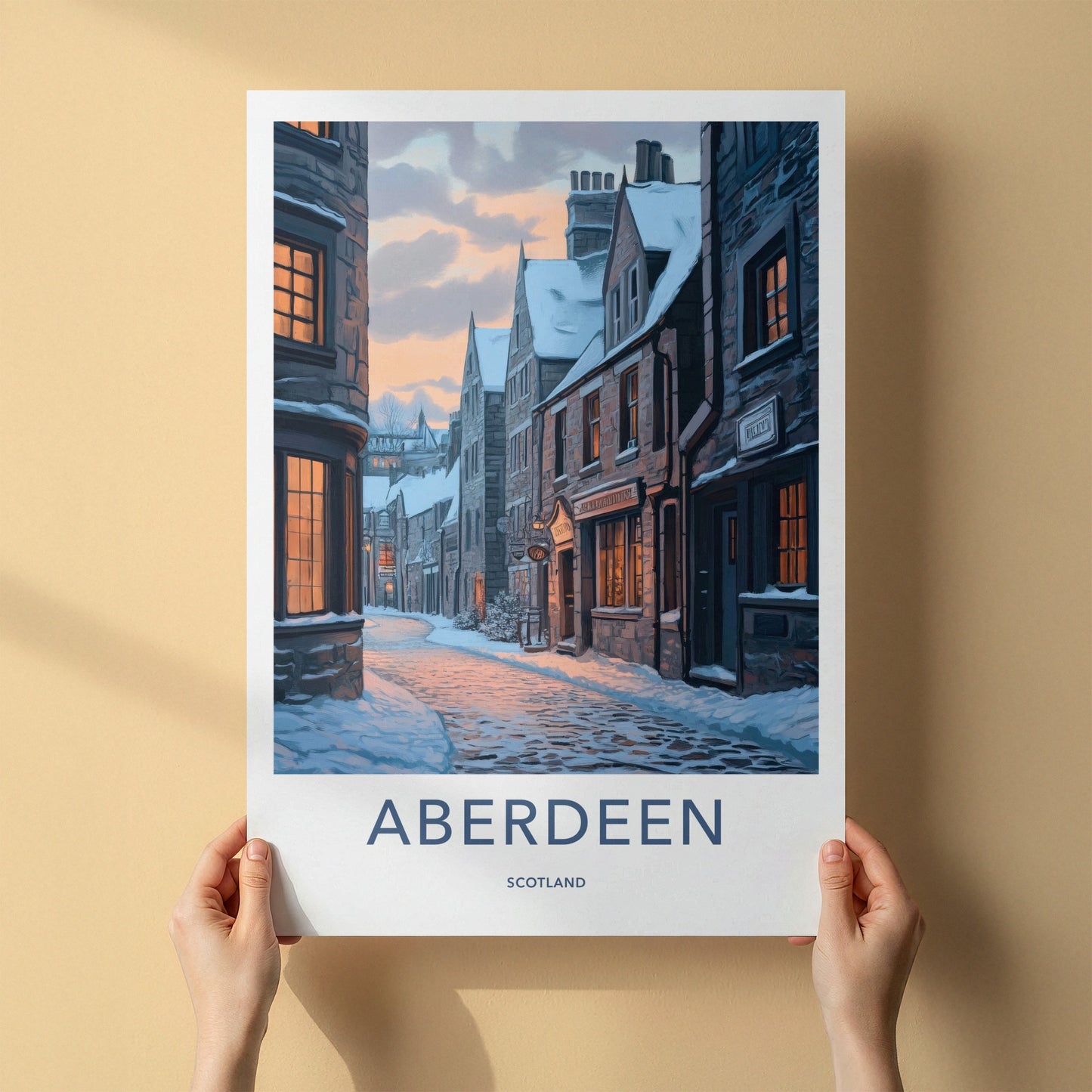 Aberdeen Poster - Scotland Travel Art - Snowy City Evening Home Decor
