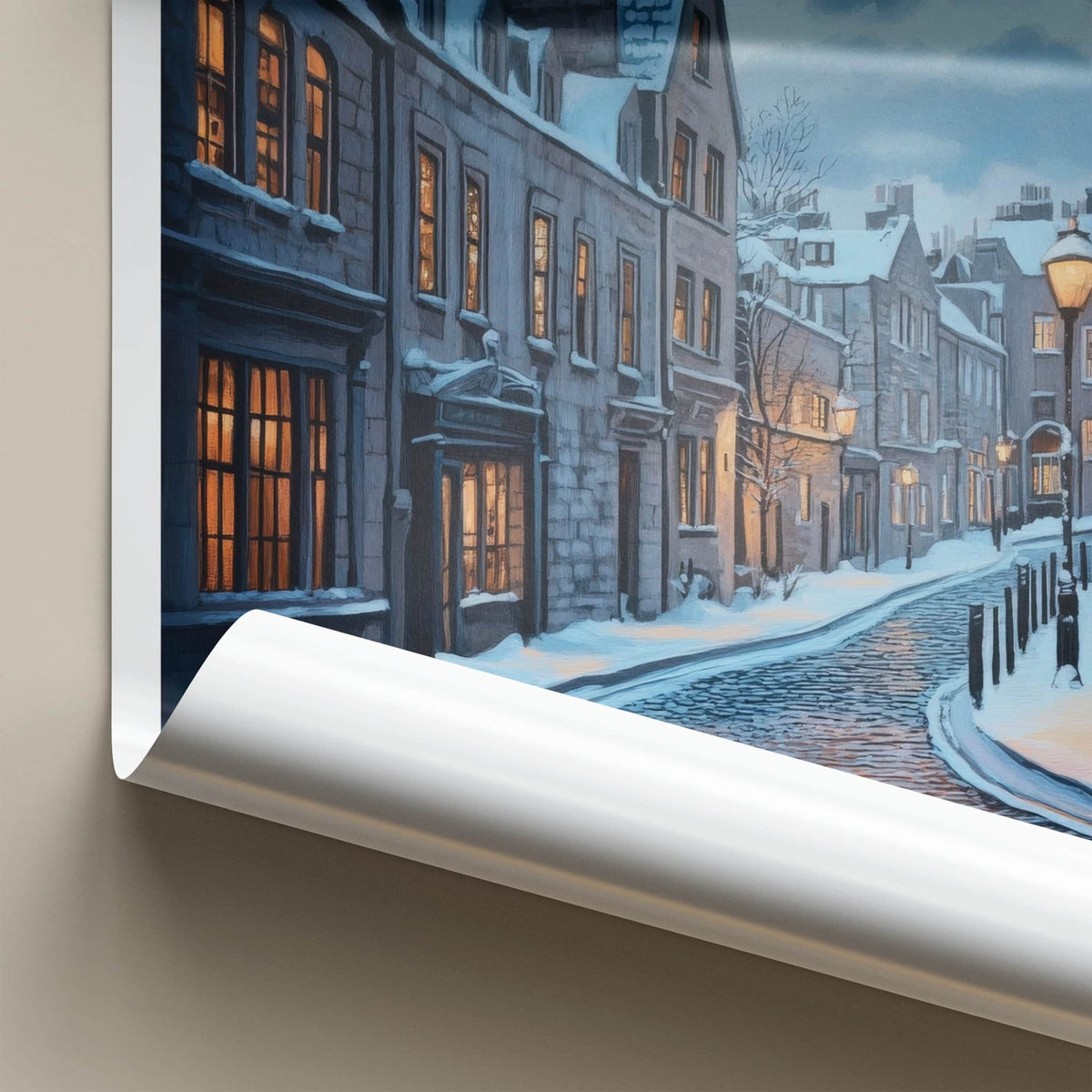 Aberdeen Poster - Scotland Wall Art - Snowy Cobblestone Street Home Decor