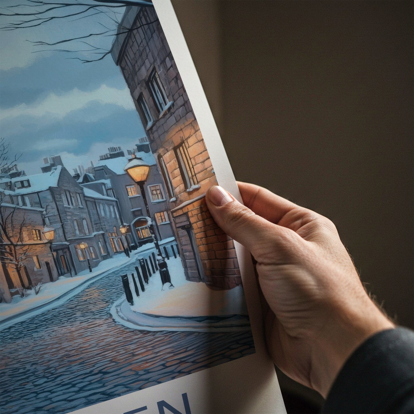 Aberdeen Poster - Scotland Wall Art - Snowy Cobblestone Street Home Decor
