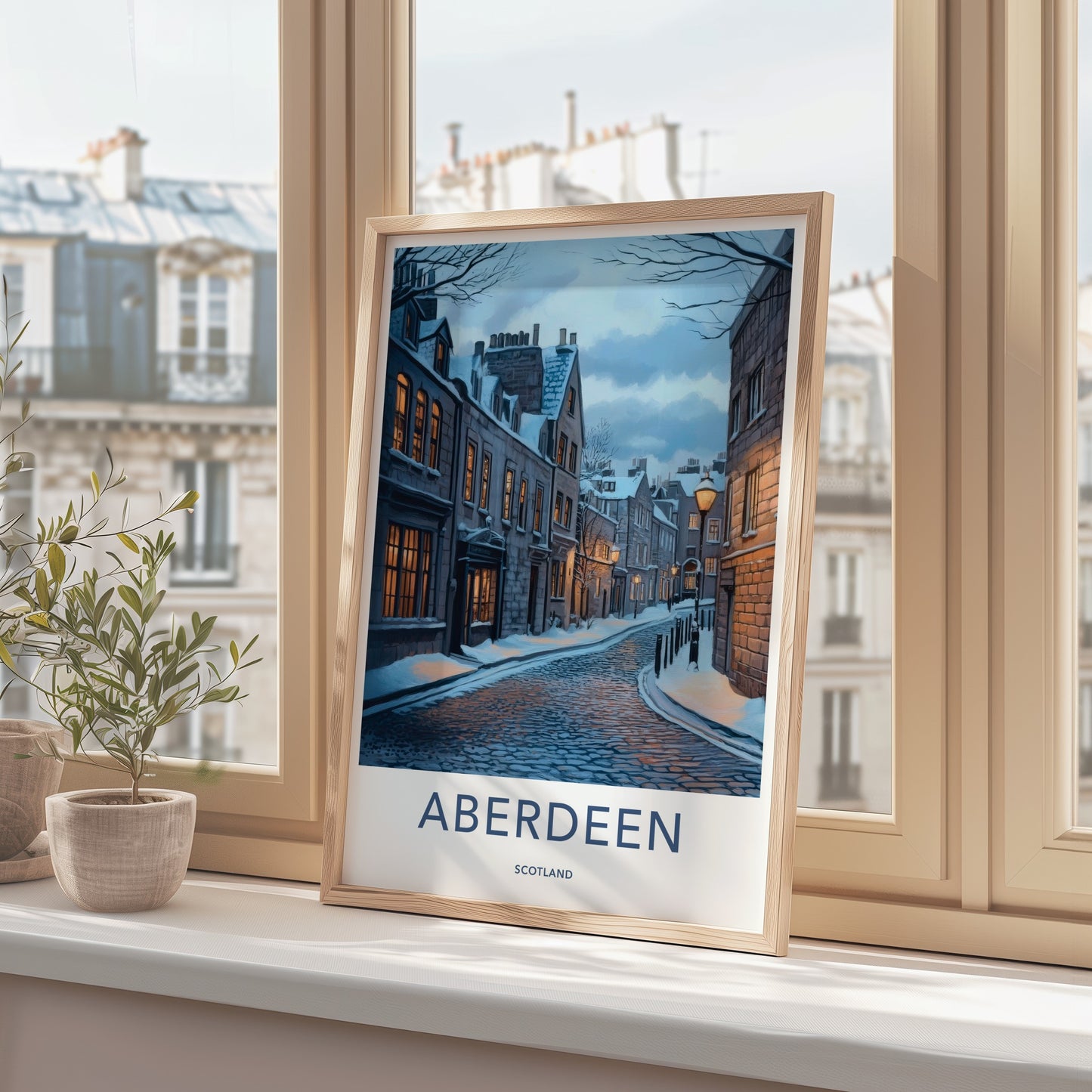 Aberdeen Poster - Scotland Wall Art - Snowy Cobblestone Street Home Decor