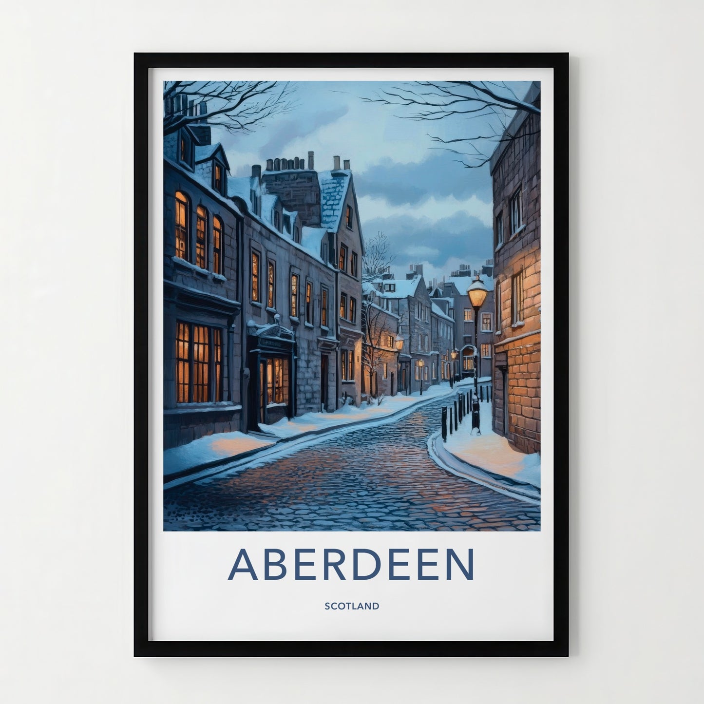 Aberdeen Poster - Scotland Wall Art - Snowy Cobblestone Street Home Decor
