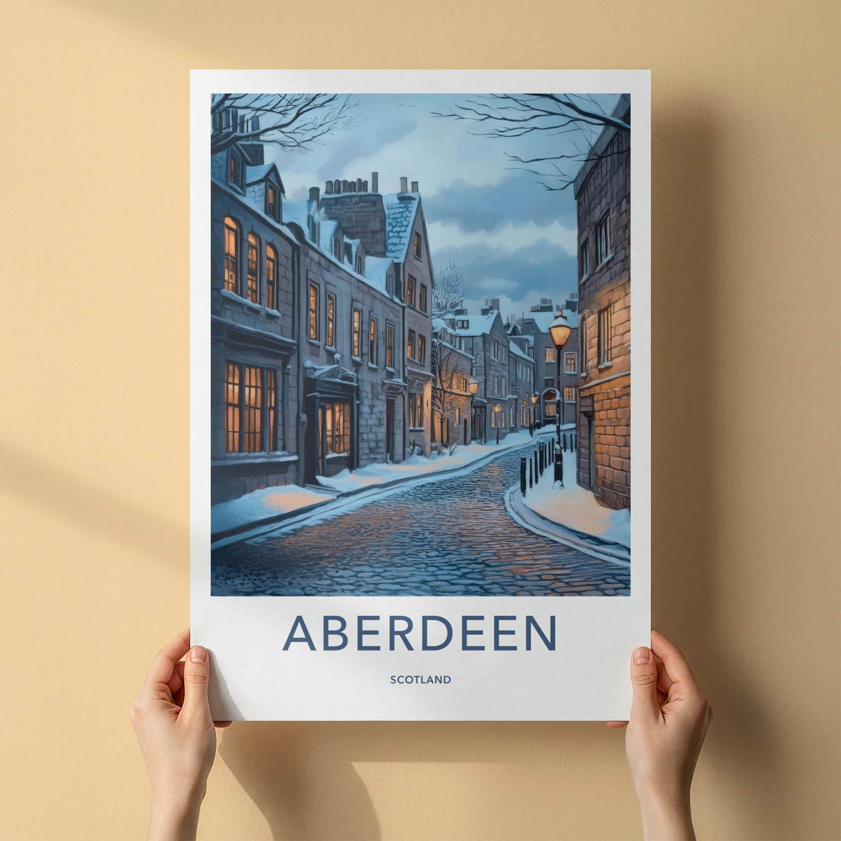 Aberdeen Poster - Scotland Wall Art - Snowy Cobblestone Street Home Decor