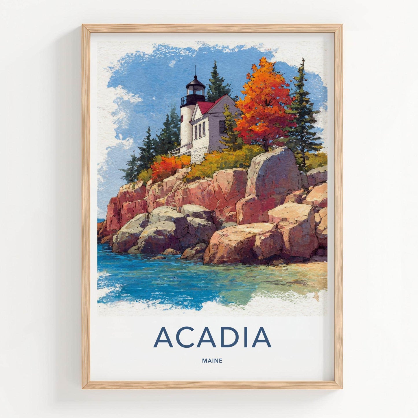 Acadia Poster - Maine Travel Art - Autumn Lighthouse Cliff Home Decor