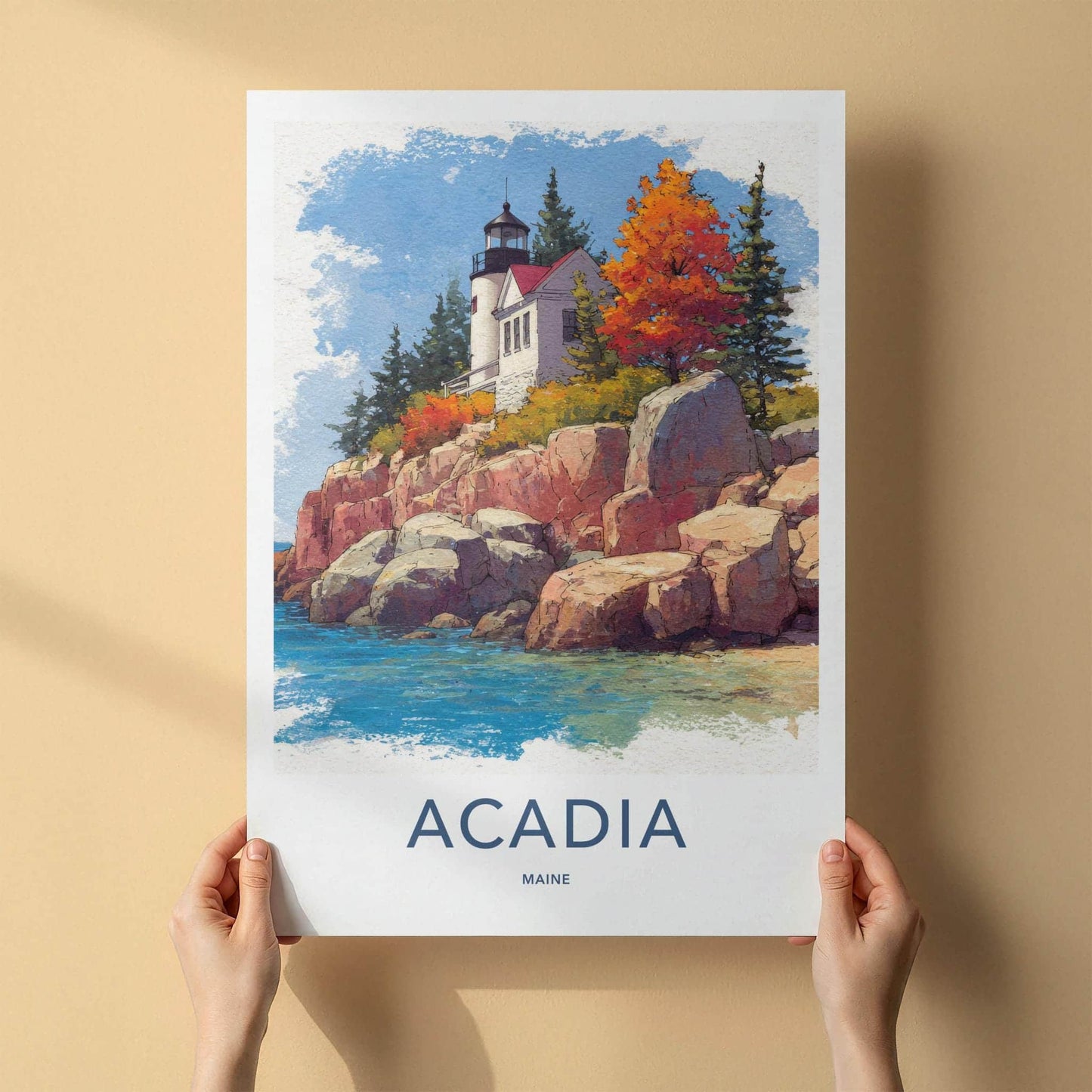 Acadia Poster - Maine Travel Art - Autumn Lighthouse Cliff Home Decor