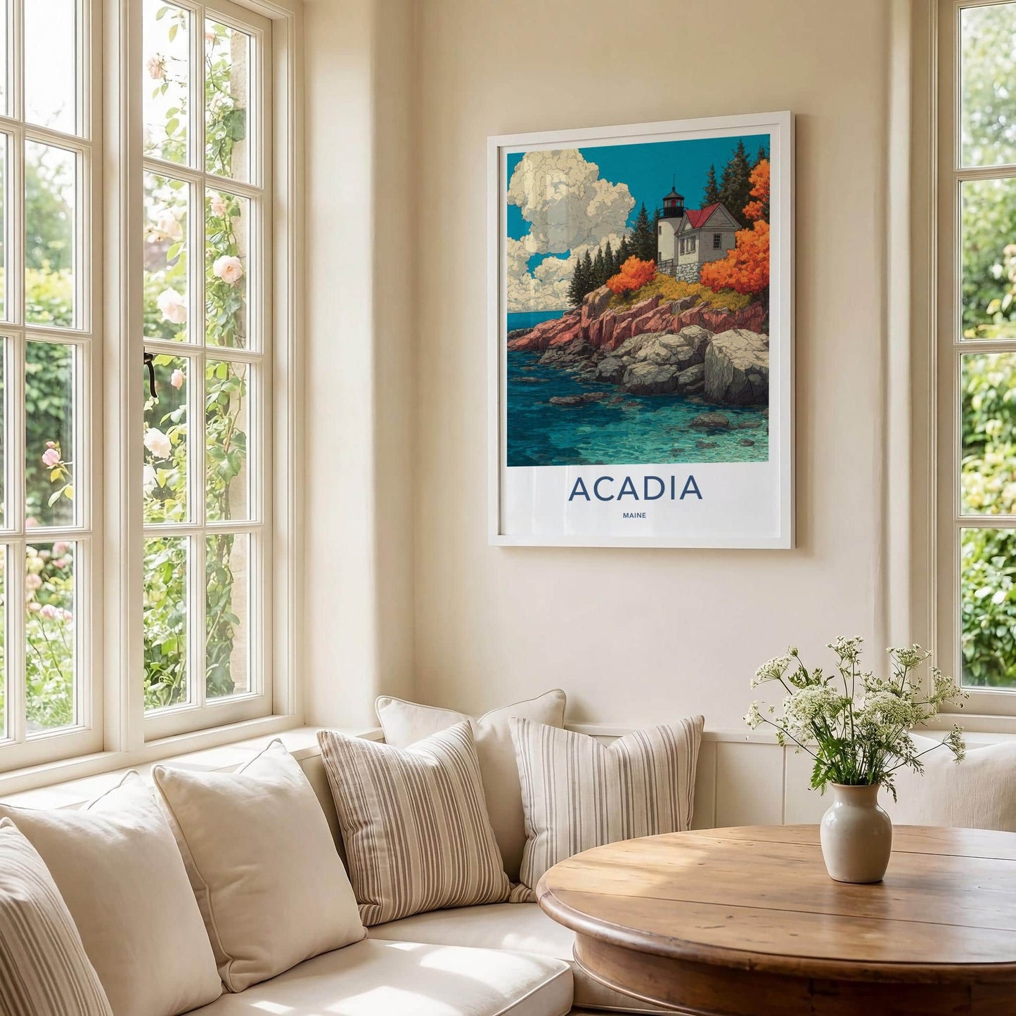 Acadia Poster - Maine Travel Illustration - Autumn Coast Lighthouse Wall Decor
