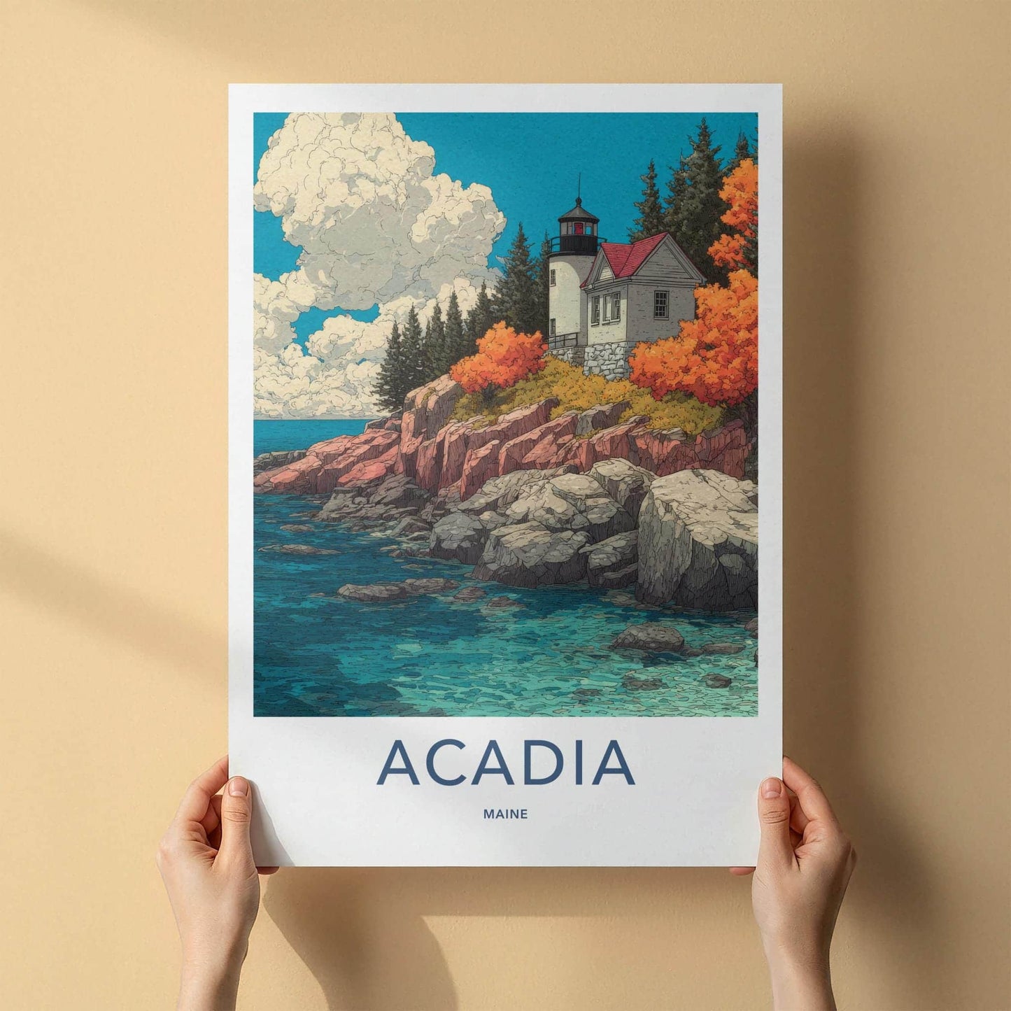 Acadia Poster - Maine Travel Illustration - Autumn Coast Lighthouse Wall Decor