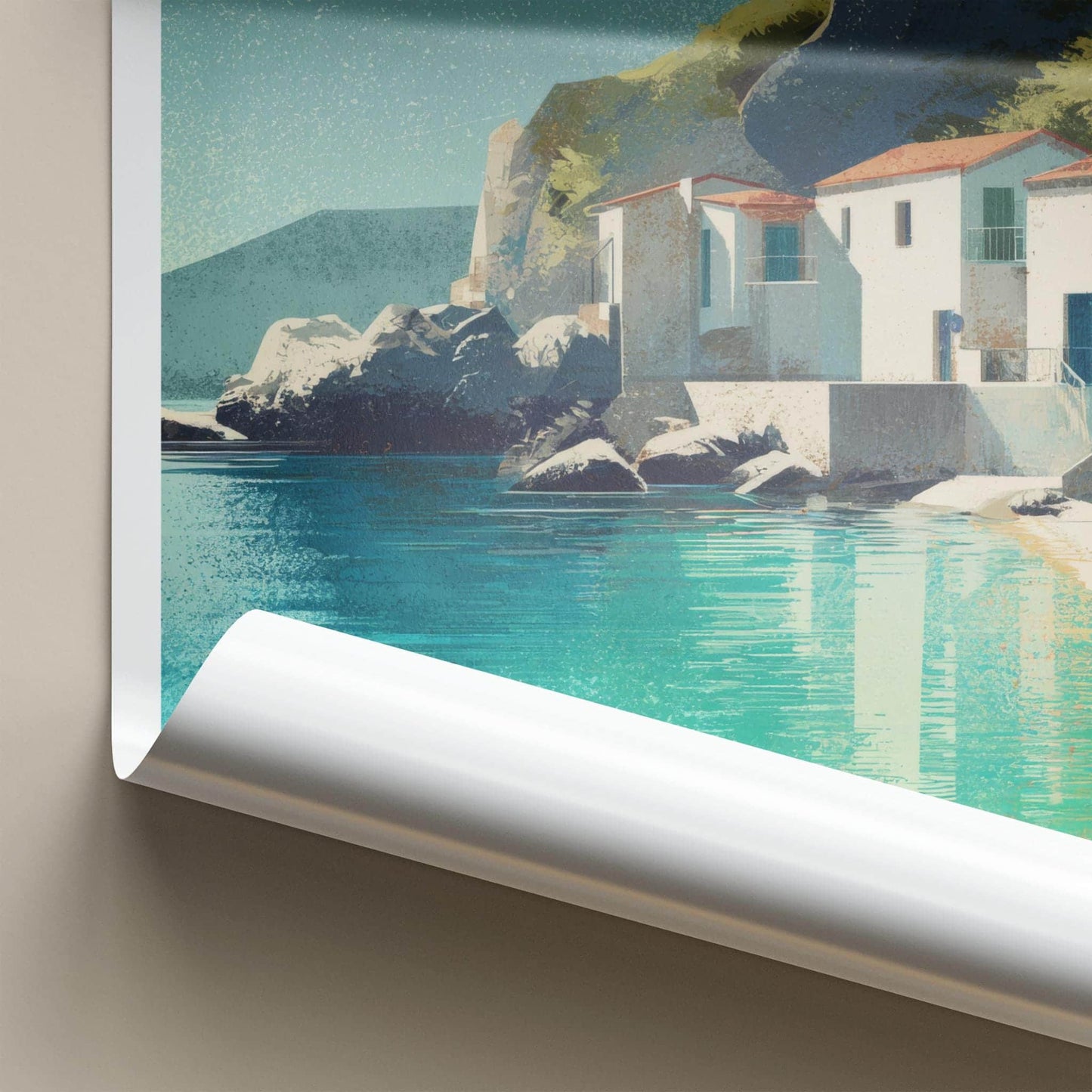 Agios Stefanos Poster - Greece Travel Art - Turquoise Waterside Homes Home Decor