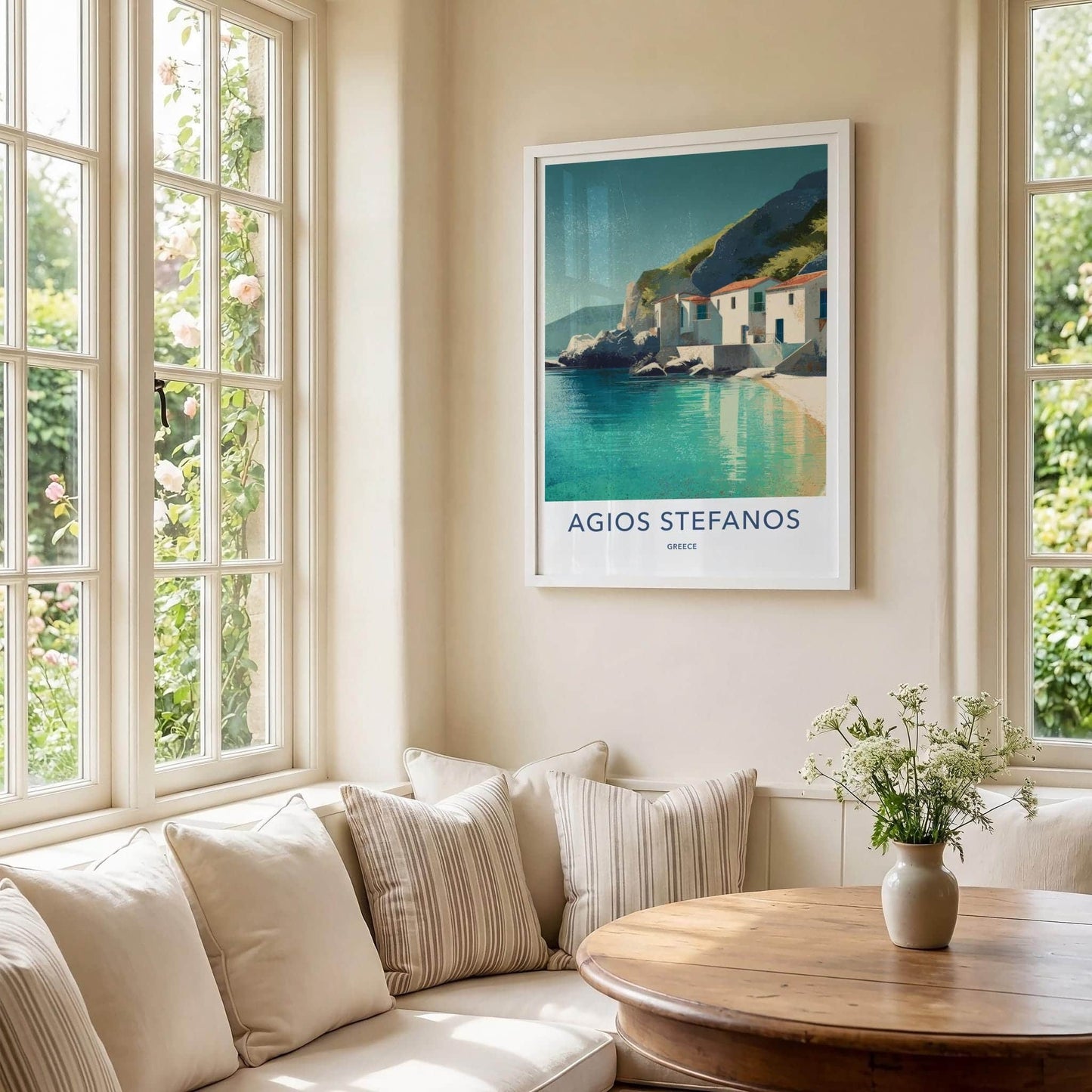 Agios Stefanos Poster - Greece Travel Art - Turquoise Waterside Homes Home Decor