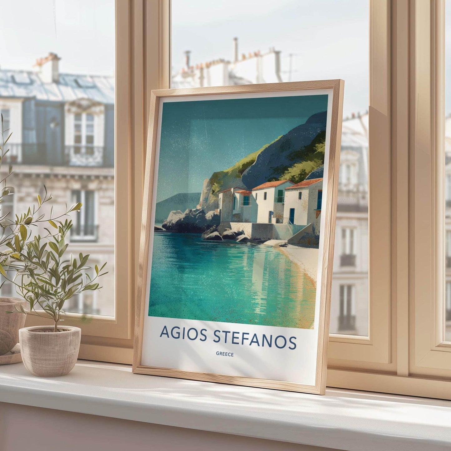 Agios Stefanos Poster - Greece Travel Art - Turquoise Waterside Homes Home Decor