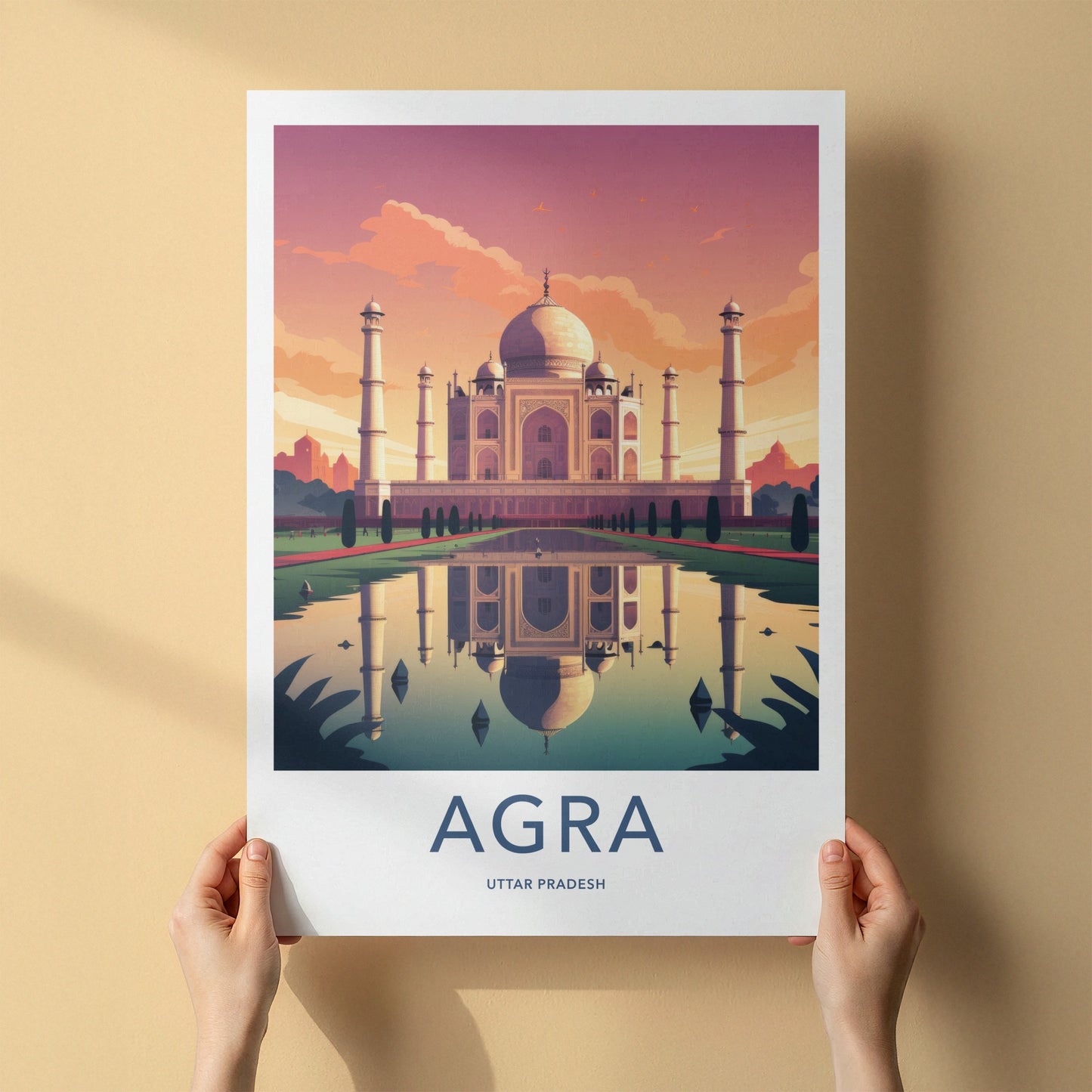 Agra Poster - India Art Print - Uttar Pradesh Sunset Palace Reflection Gift