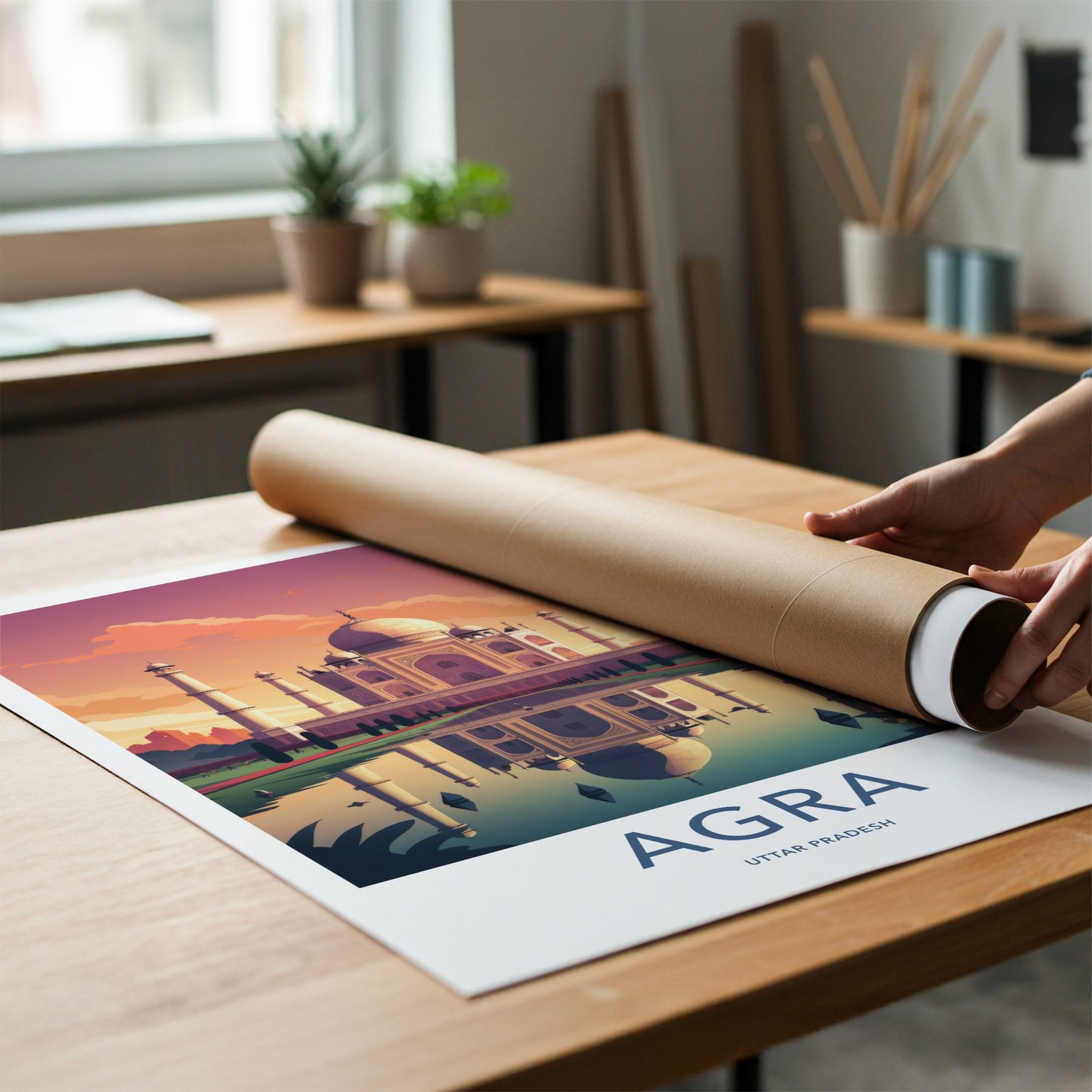 Agra Poster - India Art Print - Uttar Pradesh Sunset Palace Reflection Gift