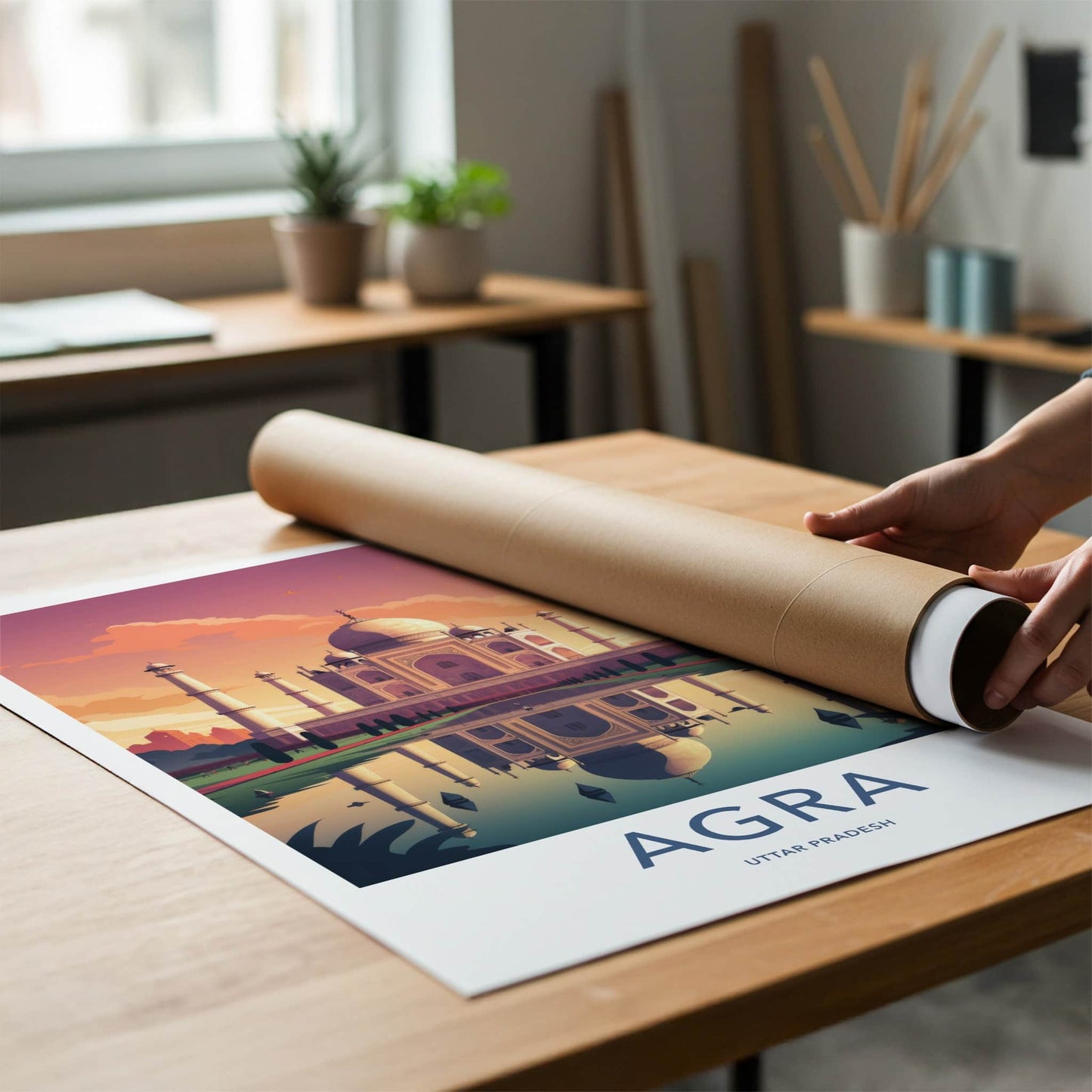 Agra Poster - India Art Print - Uttar Pradesh Sunset Palace Reflection Gift