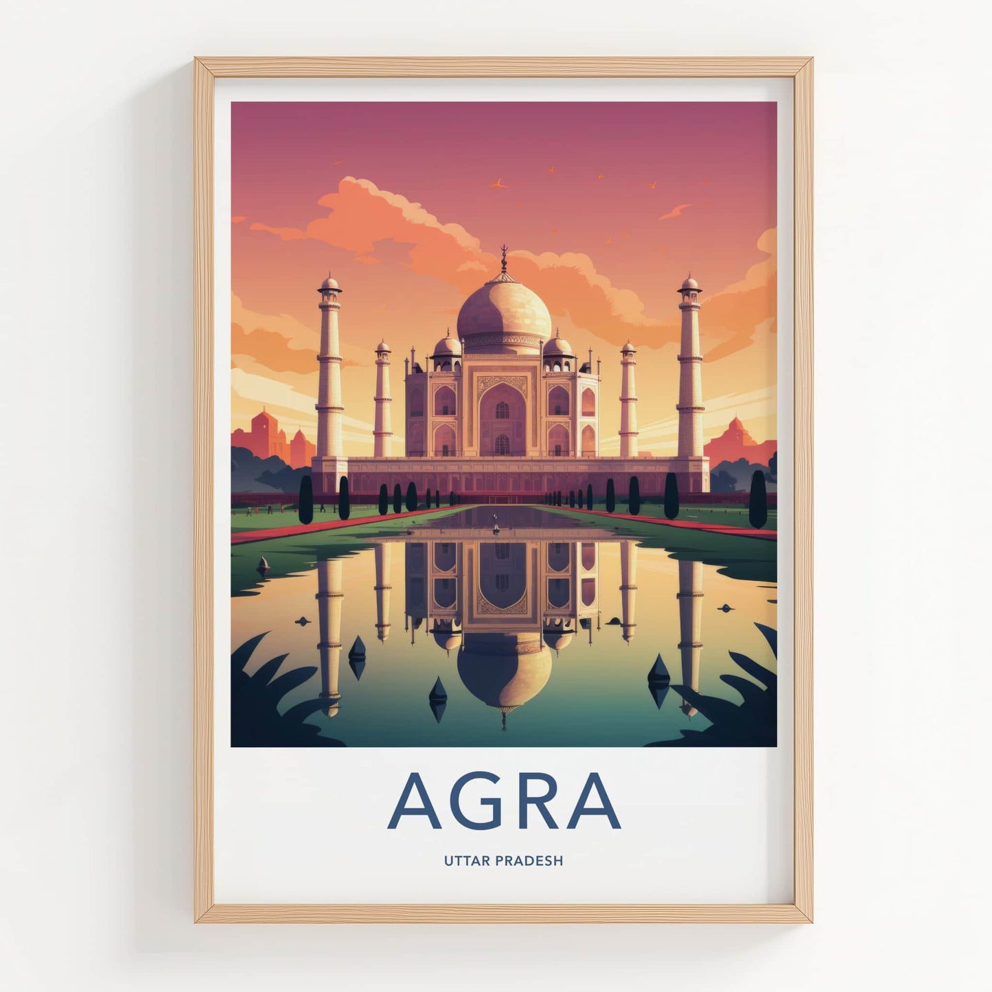 Agra Poster - India Art Print - Uttar Pradesh Sunset Palace Reflection Gift