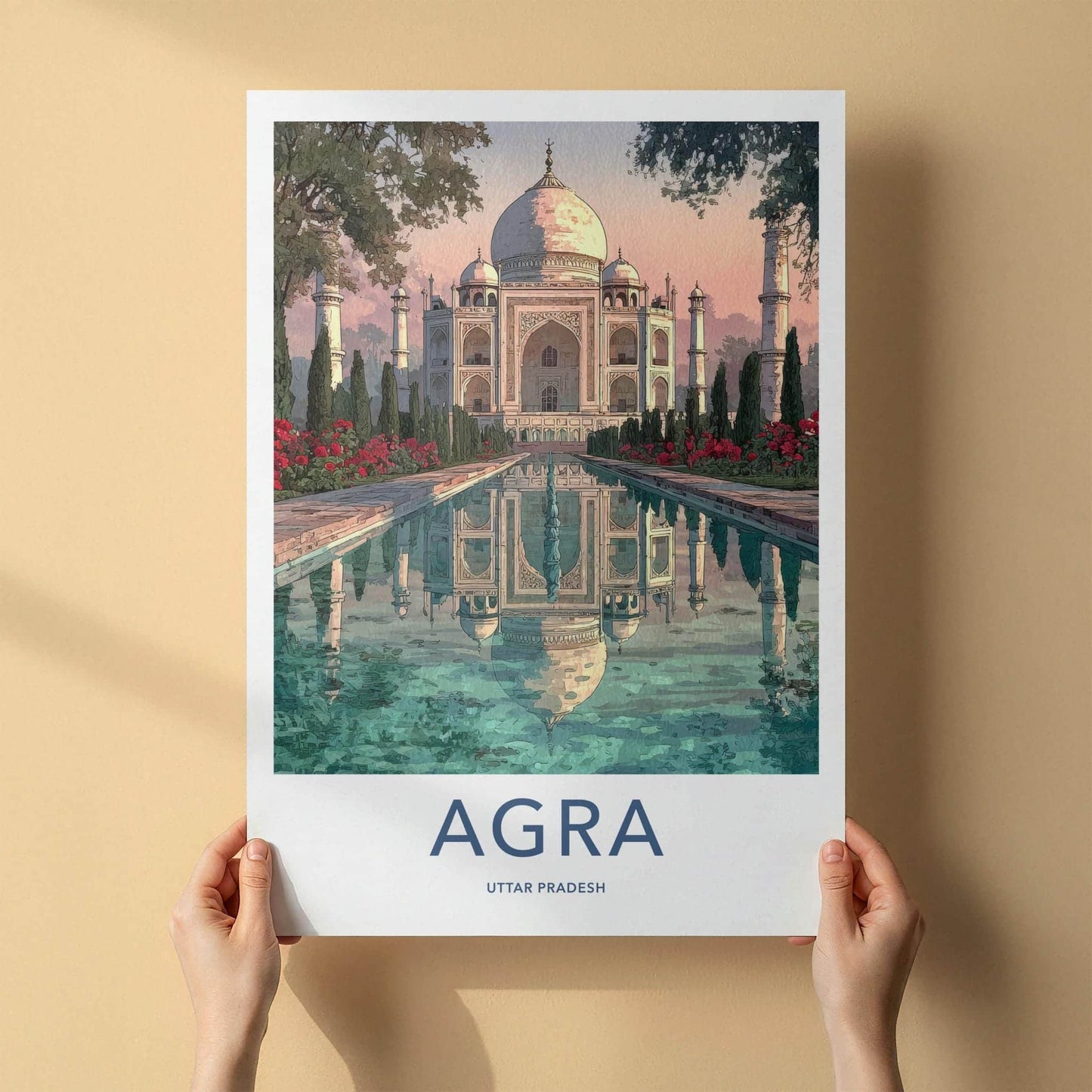 Agra Poster - India Travel Art - Uttar Pradesh Serene Water Reflection Wall Decor