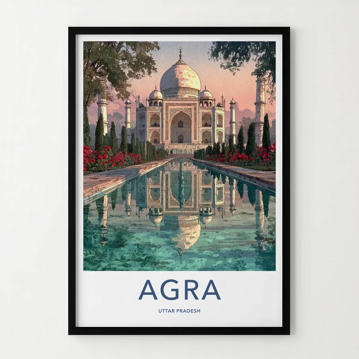 Agra Poster - India Travel Art - Uttar Pradesh Serene Water Reflection Wall Decor