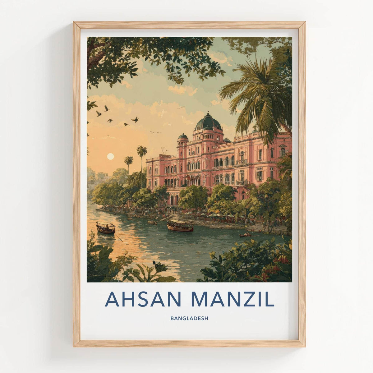Ahsan Manzil Poster - Bangladesh Travel Illustration - Pink palace river Home Decor