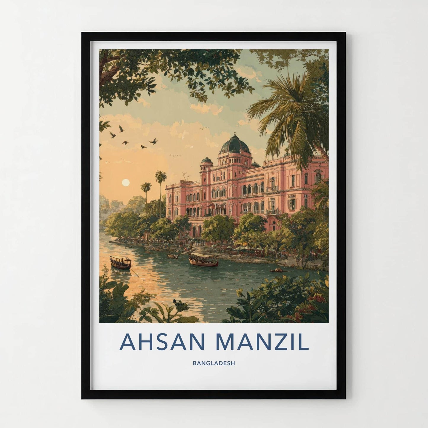 Ahsan Manzil Poster - Bangladesh Travel Illustration - Pink palace river Home Decor