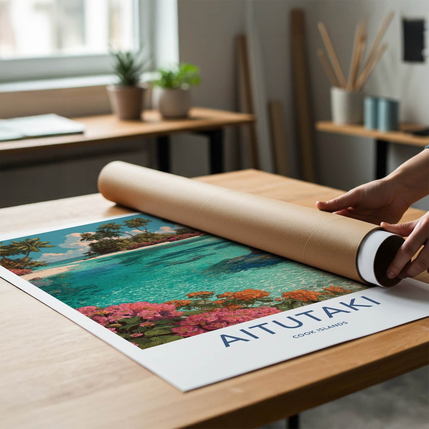 Aitutaki Poster - Cook Islands Travel Art Palm Blue Home Decor