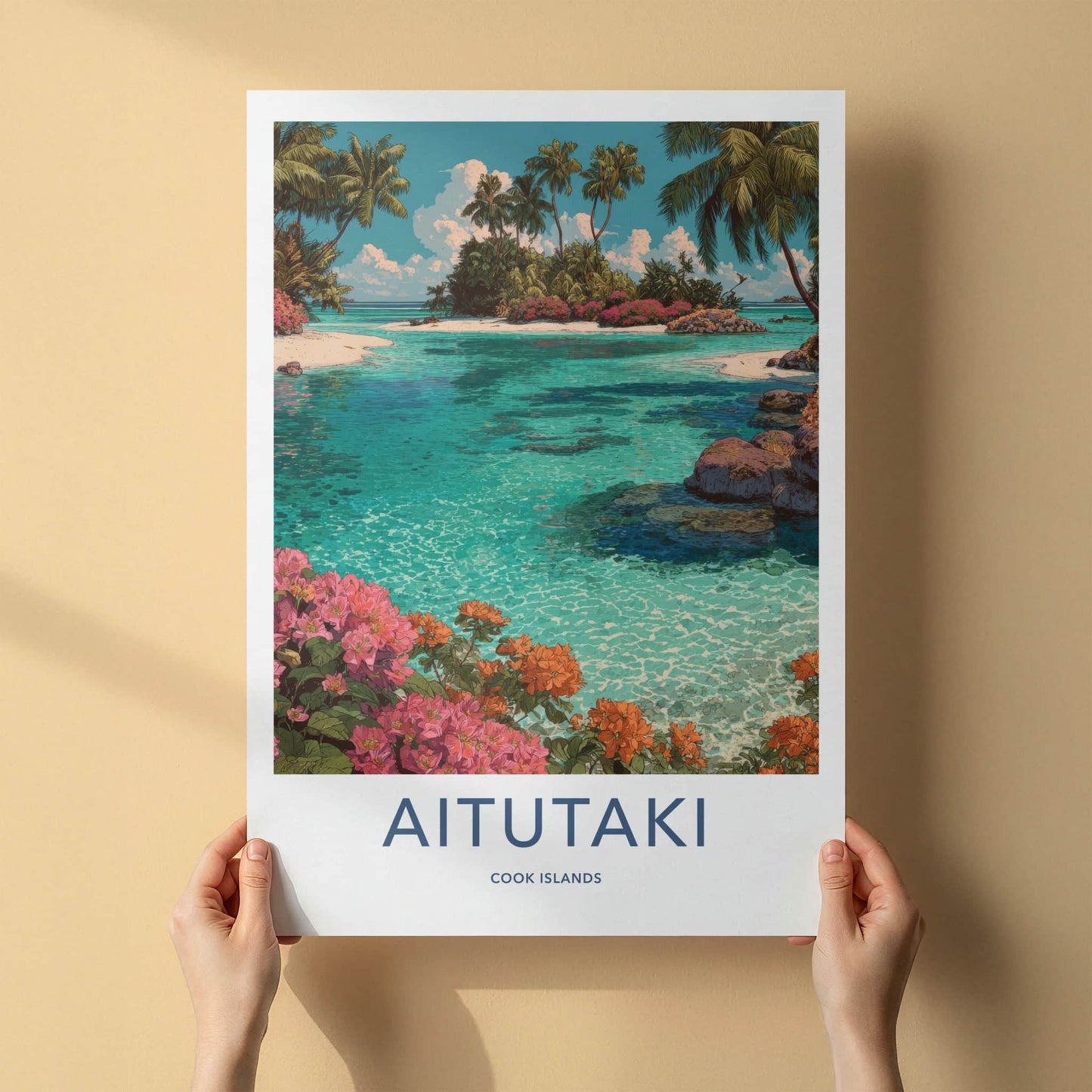 Aitutaki Poster - Cook Islands Travel Art Palm Blue Home Decor