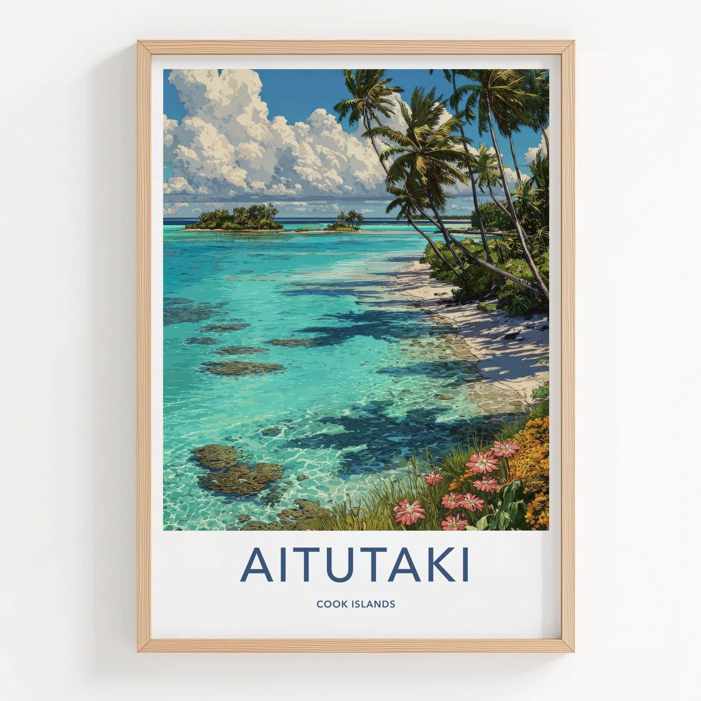 Aitutaki Poster - Cook Islands Travel Illustration - Turquoise Lagoon Palms Wall Decor