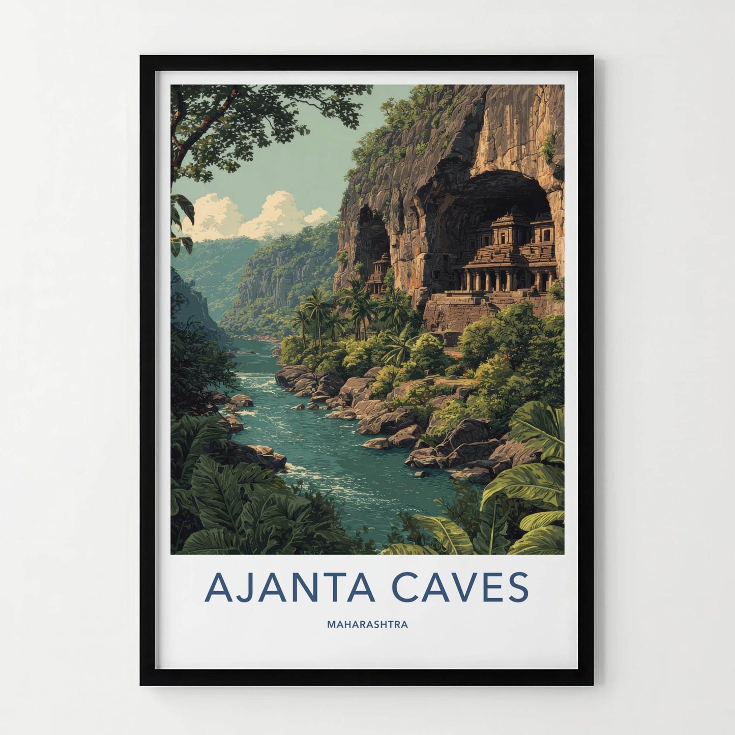 Ajanta Caves Poster - India Travel Art - Maharashtra River Temple Cliffs Wall Decor